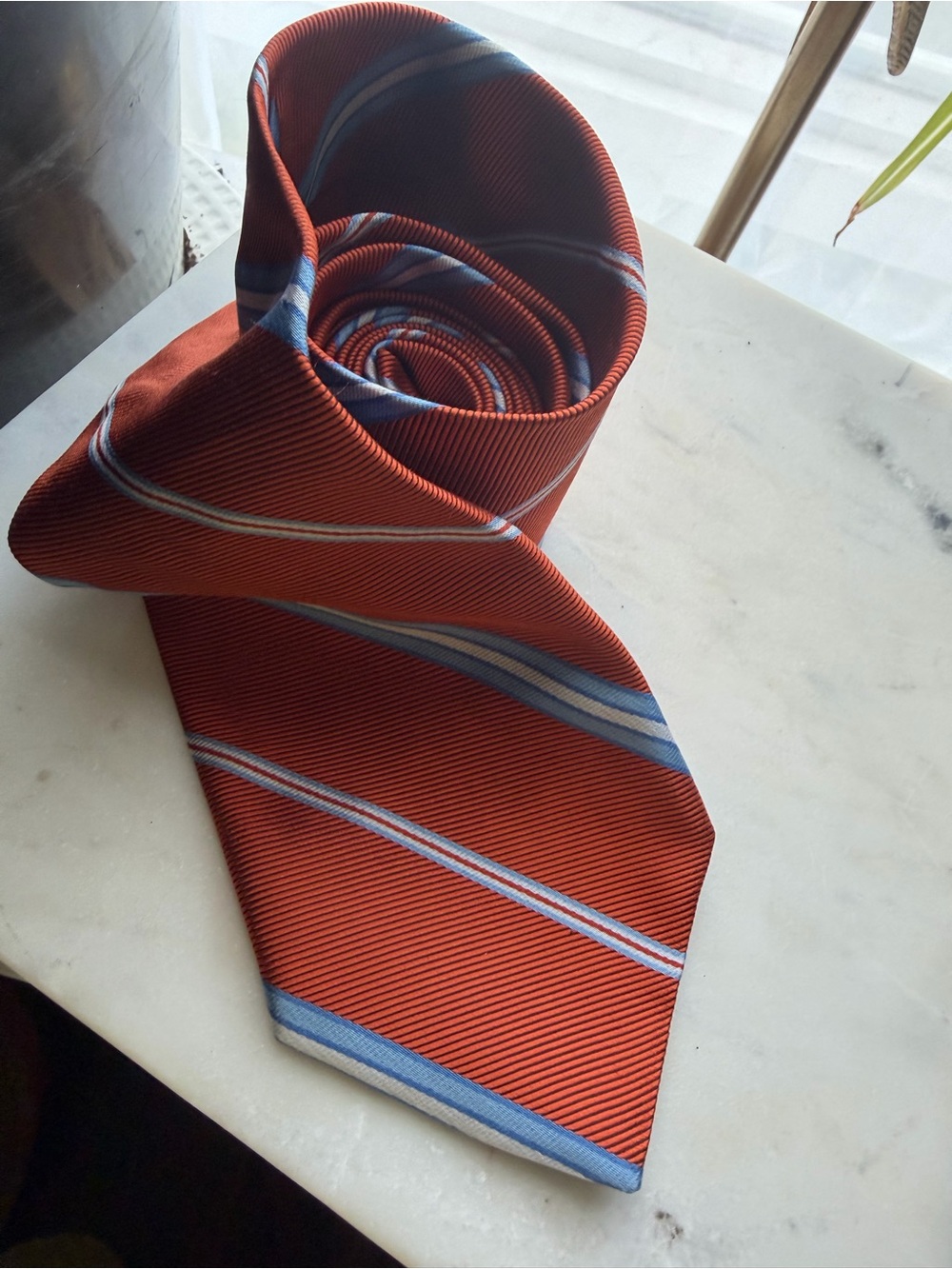 Brooks Brothers 346 Men’s Silk Necktie Rust Orange Light Blue Stripe Repp Tie